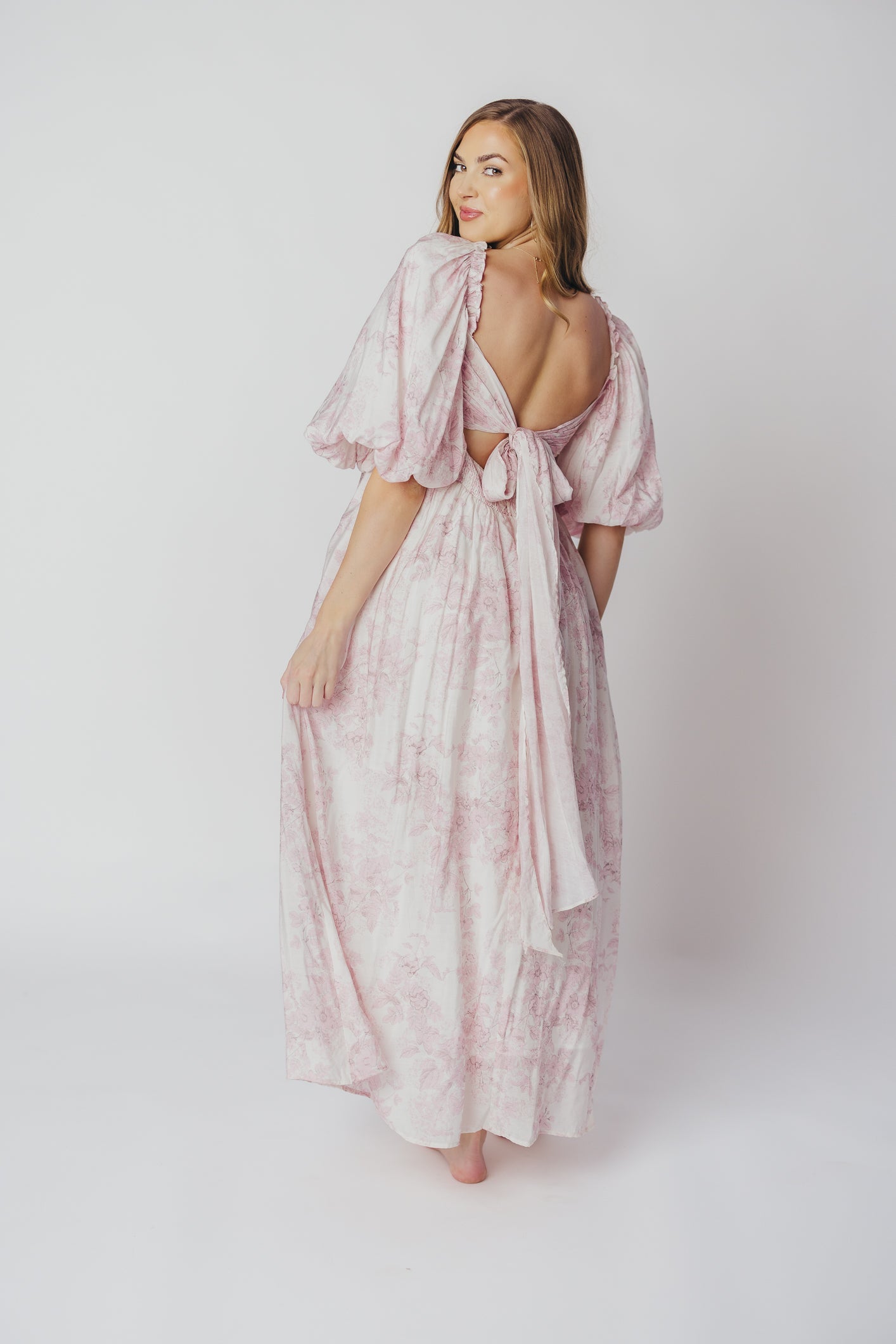 Melody Maxi Dress with Pleats and Bow Detail in Pink Toile - Bump Friendly & Inclusive Sizing (XL-3XL)