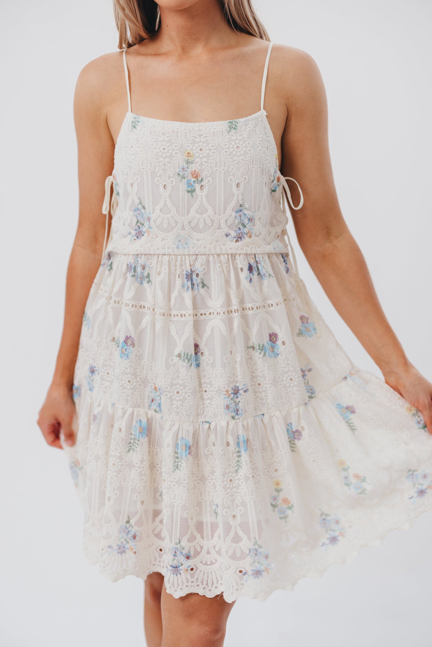 Joyce Embroidered Mini Dress in Blue Floral