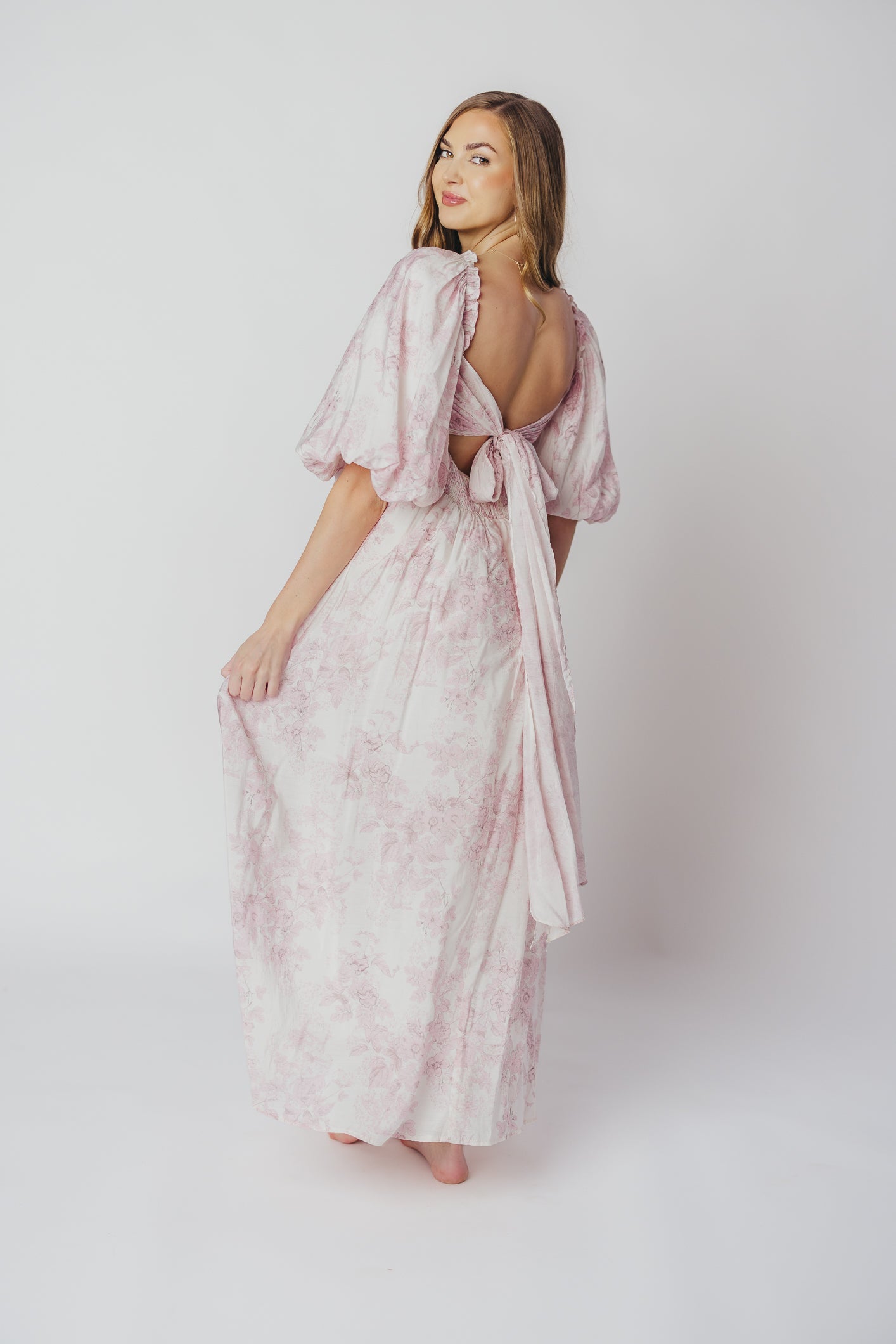 Melody Maxi Dress with Pleats and Bow Detail in Pink Toile - Bump Friendly & Inclusive Sizing (XL-3XL)