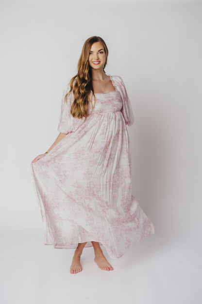 Melody Maxi Dress with Pleats and Bow Detail in Pink Toile - Bump Friendly & Inclusive Sizing (XL-3XL)