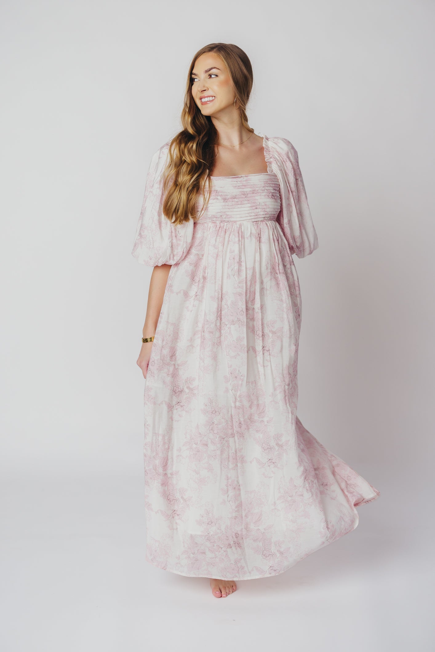 Melody Maxi Dress with Pleats and Bow Detail in Pink Toile - Bump Friendly & Inclusive Sizing (XL-3XL)