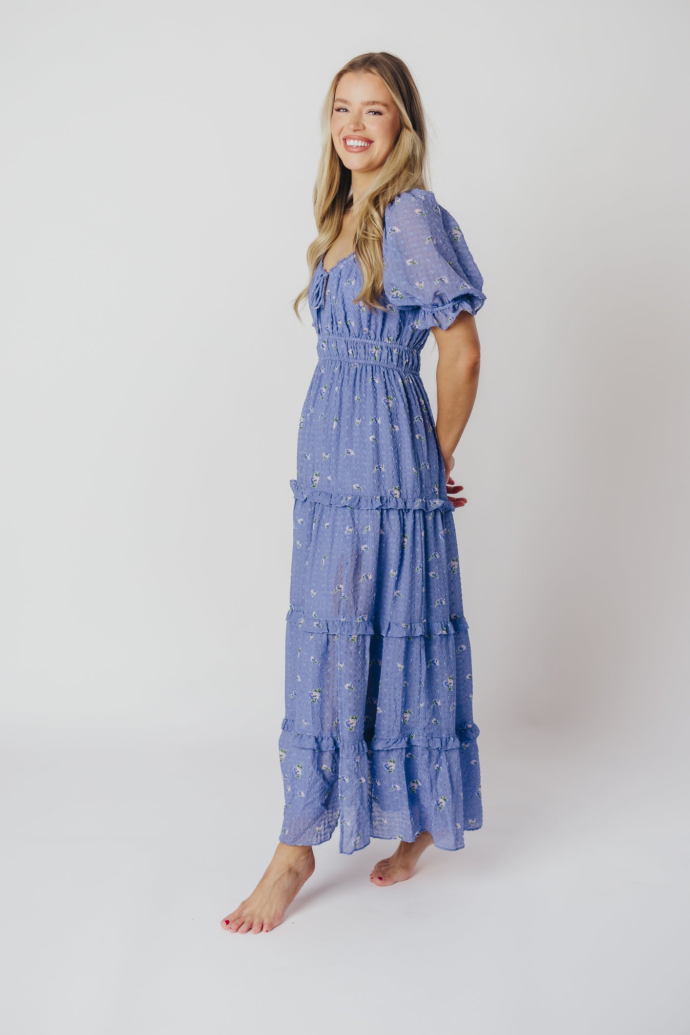 ASTR Kimmy Tiered Maxi Dress in Iris Blue Floral