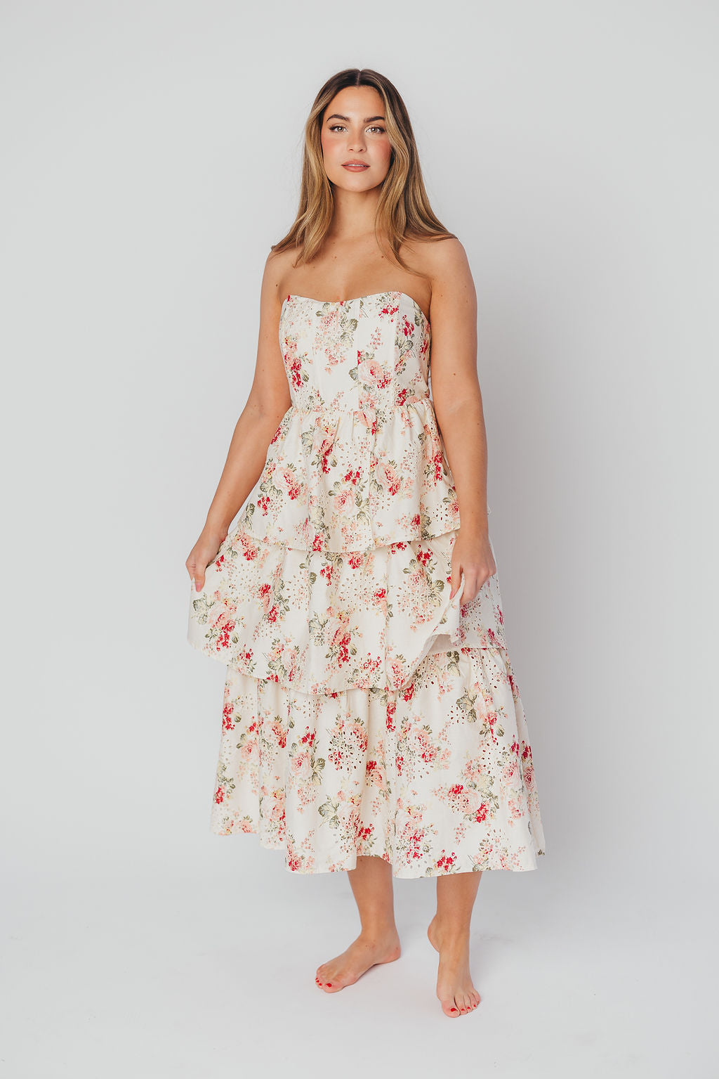 Britney Eyelet Midi Dress in Natural Floral