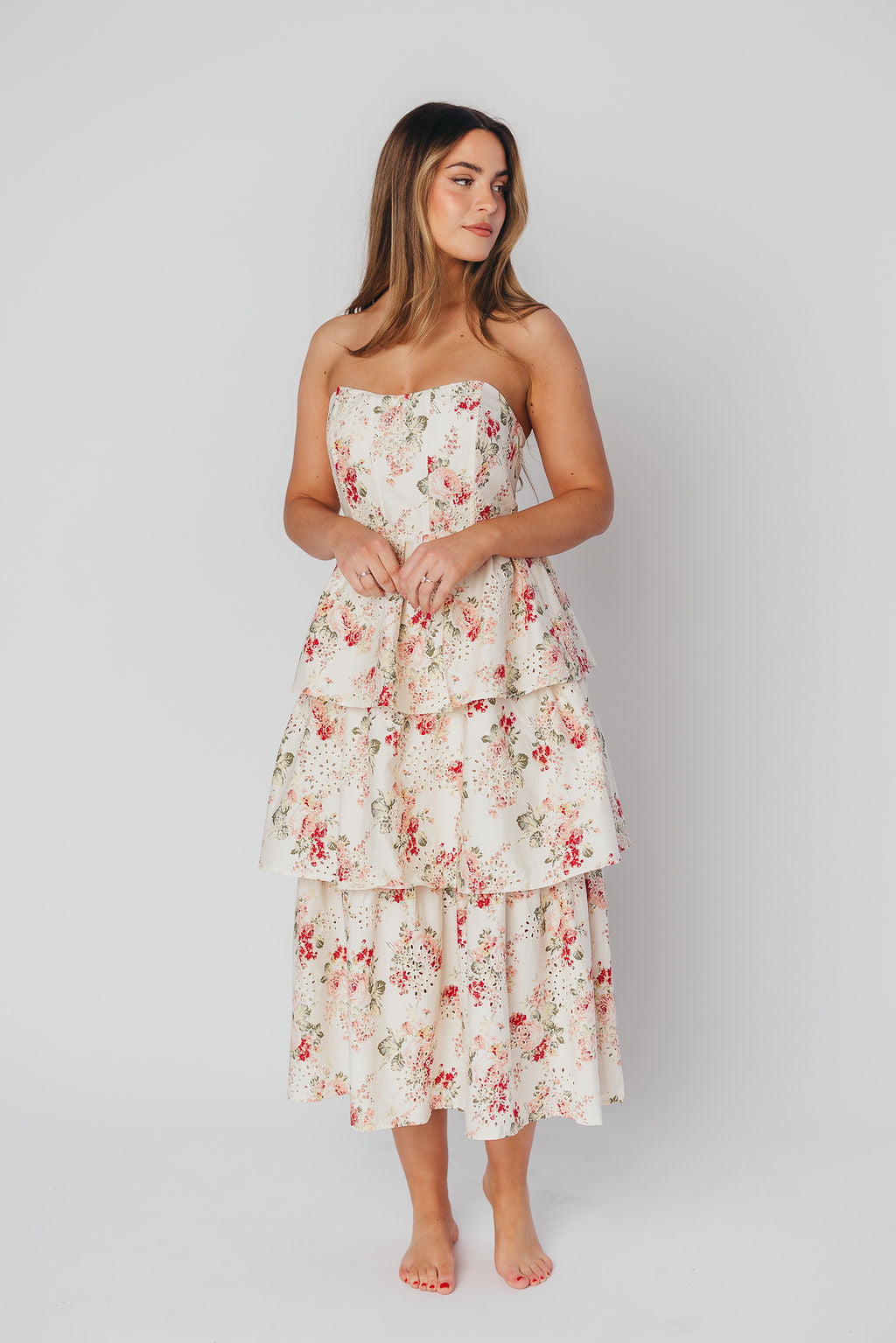 Britney Eyelet Midi Dress in Natural Floral