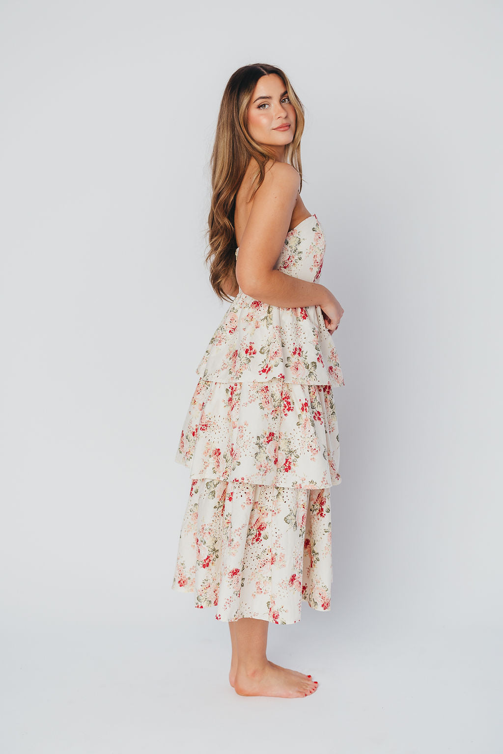 Britney Eyelet Midi Dress in Natural Floral