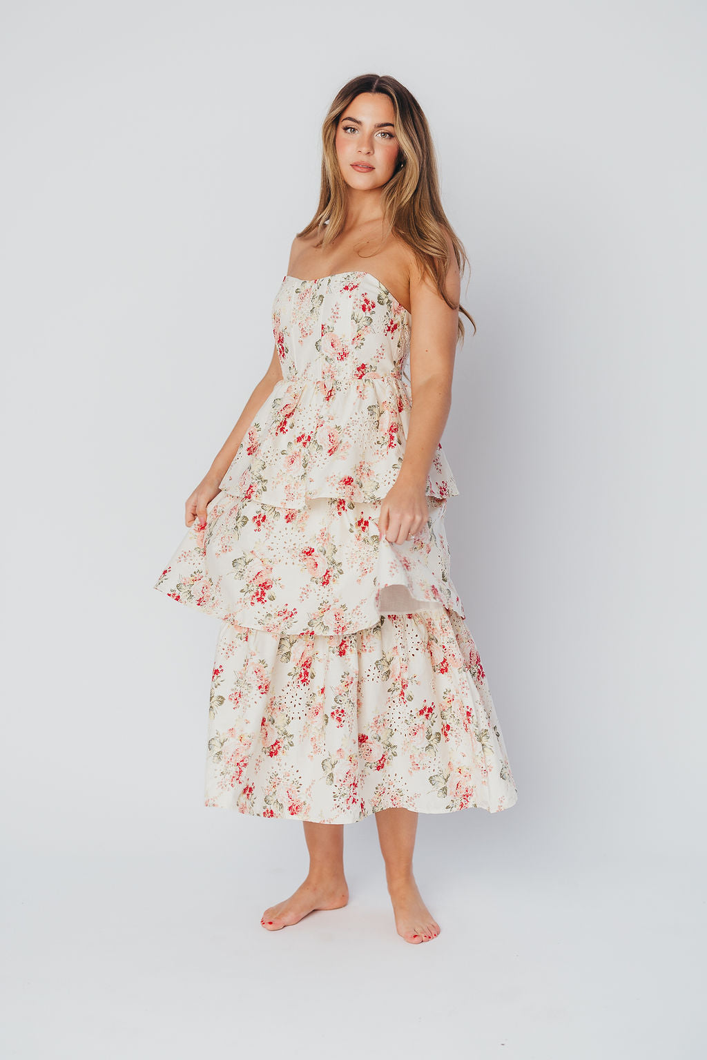 Britney Eyelet Midi Dress in Natural Floral