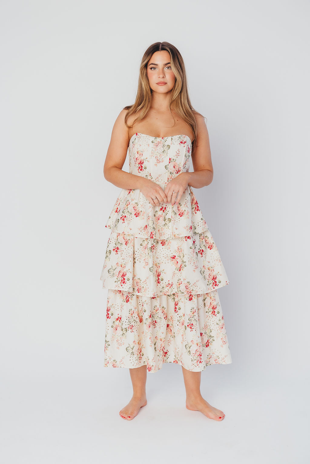 Britney Eyelet Midi Dress in Natural Floral