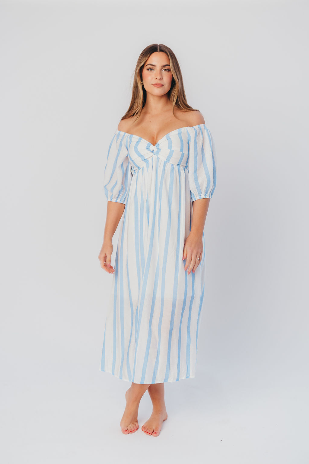 Clara Puffed Sleeve Midi Dress with Twisted Bodice in Cloud