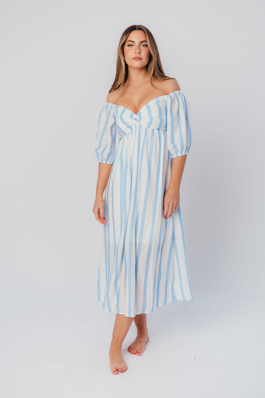 Clara Puffed Sleeve Midi Dress with Twisted Bodice in Cloud