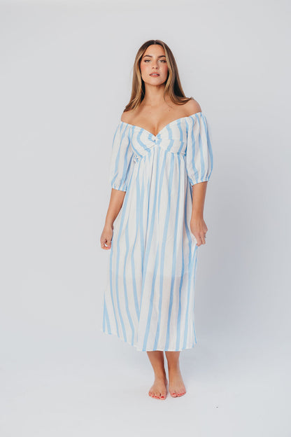 Clara Puffed Sleeve Midi Dress with Twisted Bodice in Cloud