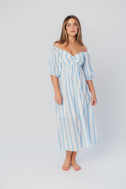 Clara Puffed Sleeve Midi Dress with Twisted Bodice in Cloud