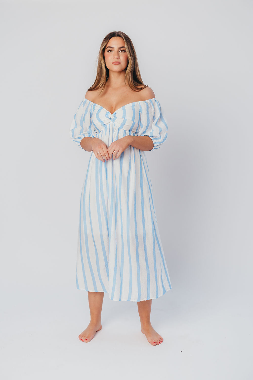 Clara Puffed Sleeve Midi Dress with Twisted Bodice in Cloud