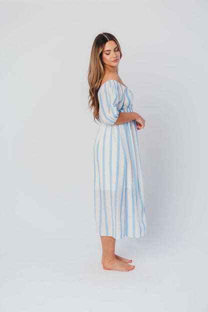 Clara Puffed Sleeve Midi Dress with Twisted Bodice in Cloud