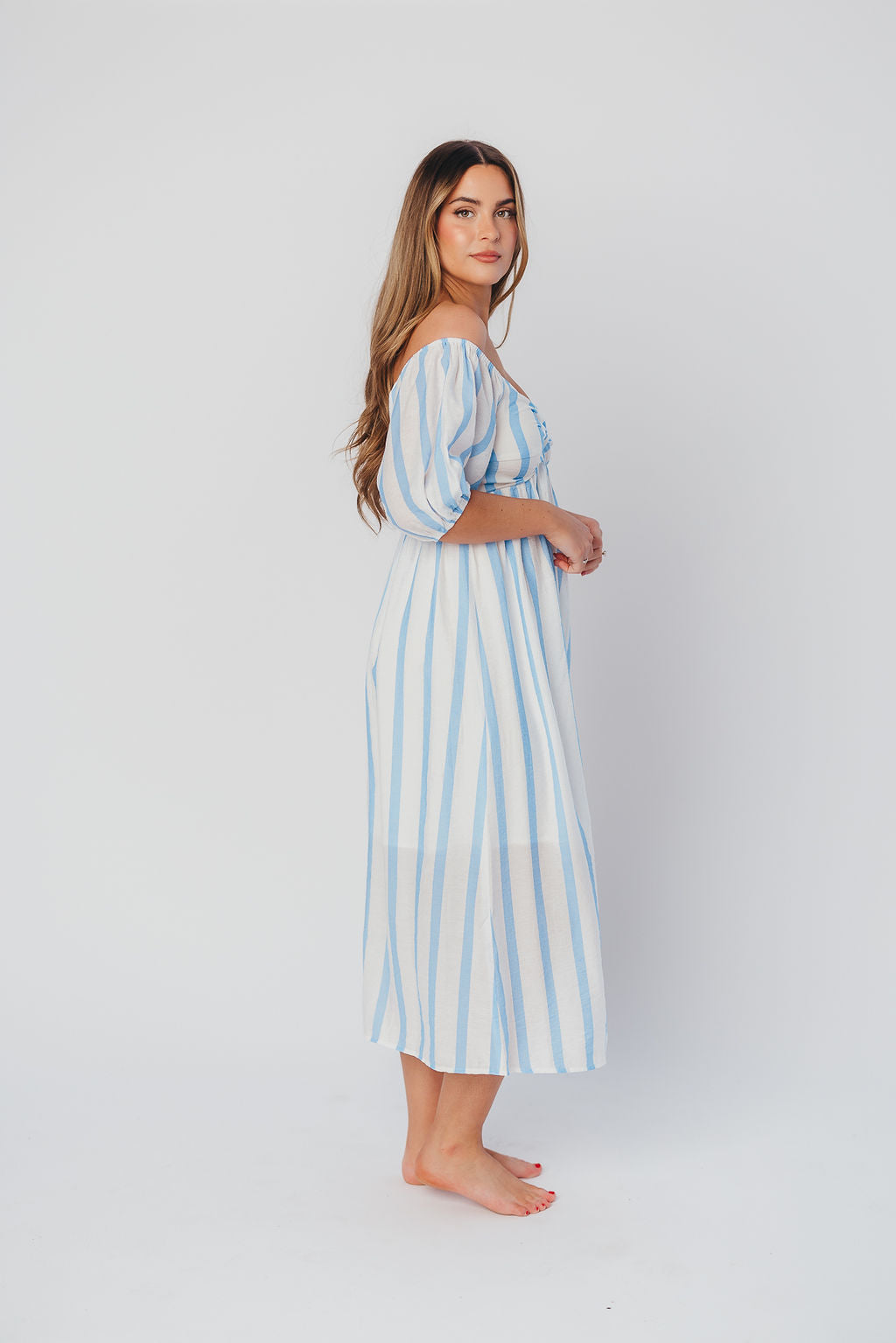 Clara Puffed Sleeve Midi Dress with Twisted Bodice in Cloud