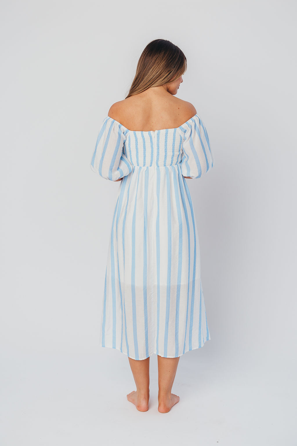 Clara Puffed Sleeve Midi Dress with Twisted Bodice in Cloud