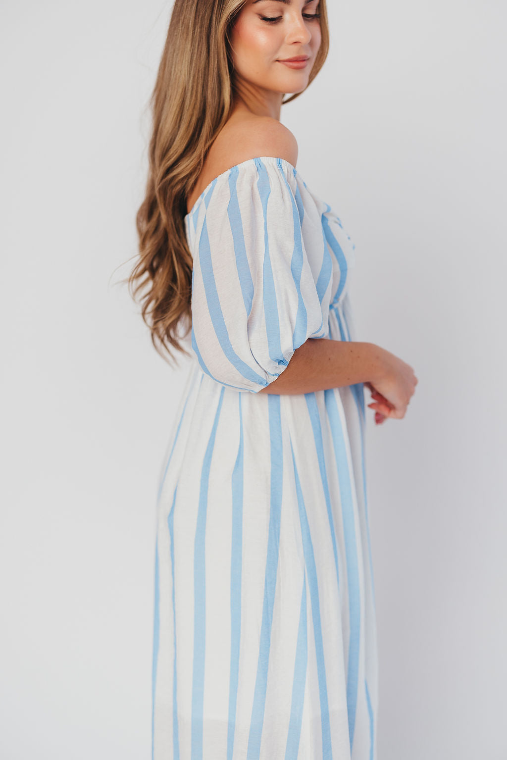 Clara Puffed Sleeve Midi Dress with Twisted Bodice in Cloud