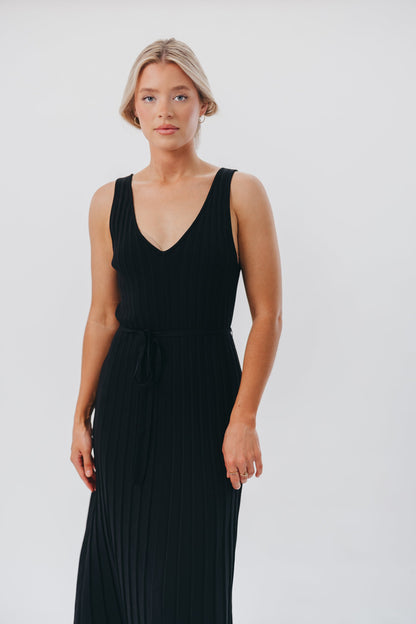 Marissa Knit Maxi Dress with Pleated Skirt and Tie Waist in Black