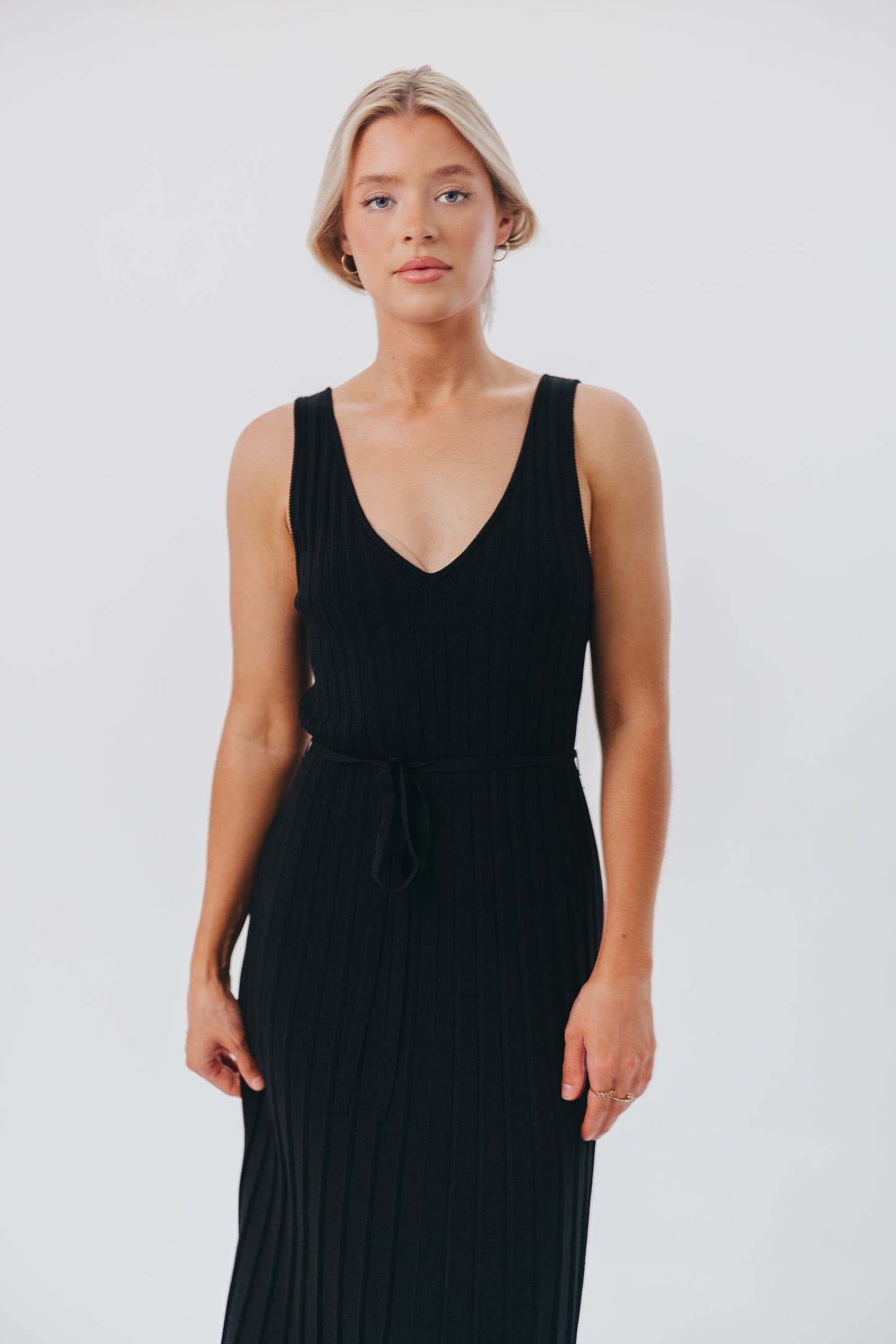 Marissa Knit Maxi Dress with Pleated Skirt and Tie Waist in Black