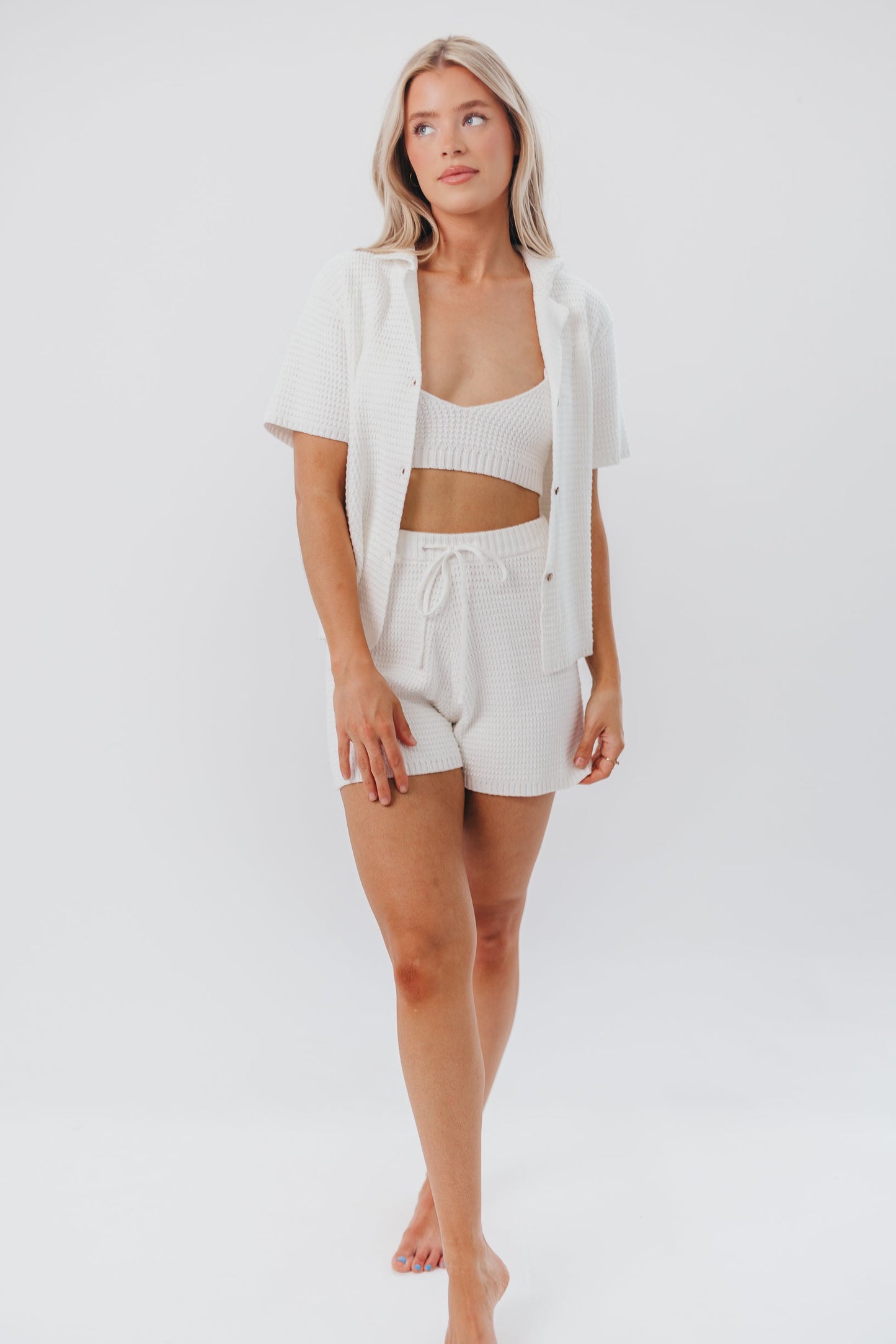 Alexis Cotton Waffle Cardigan Top and Bralette Set in White