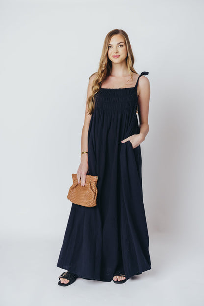 Almeria Smocked Maxi Dress with Self-Tie Straps in Black - Bump Friendly