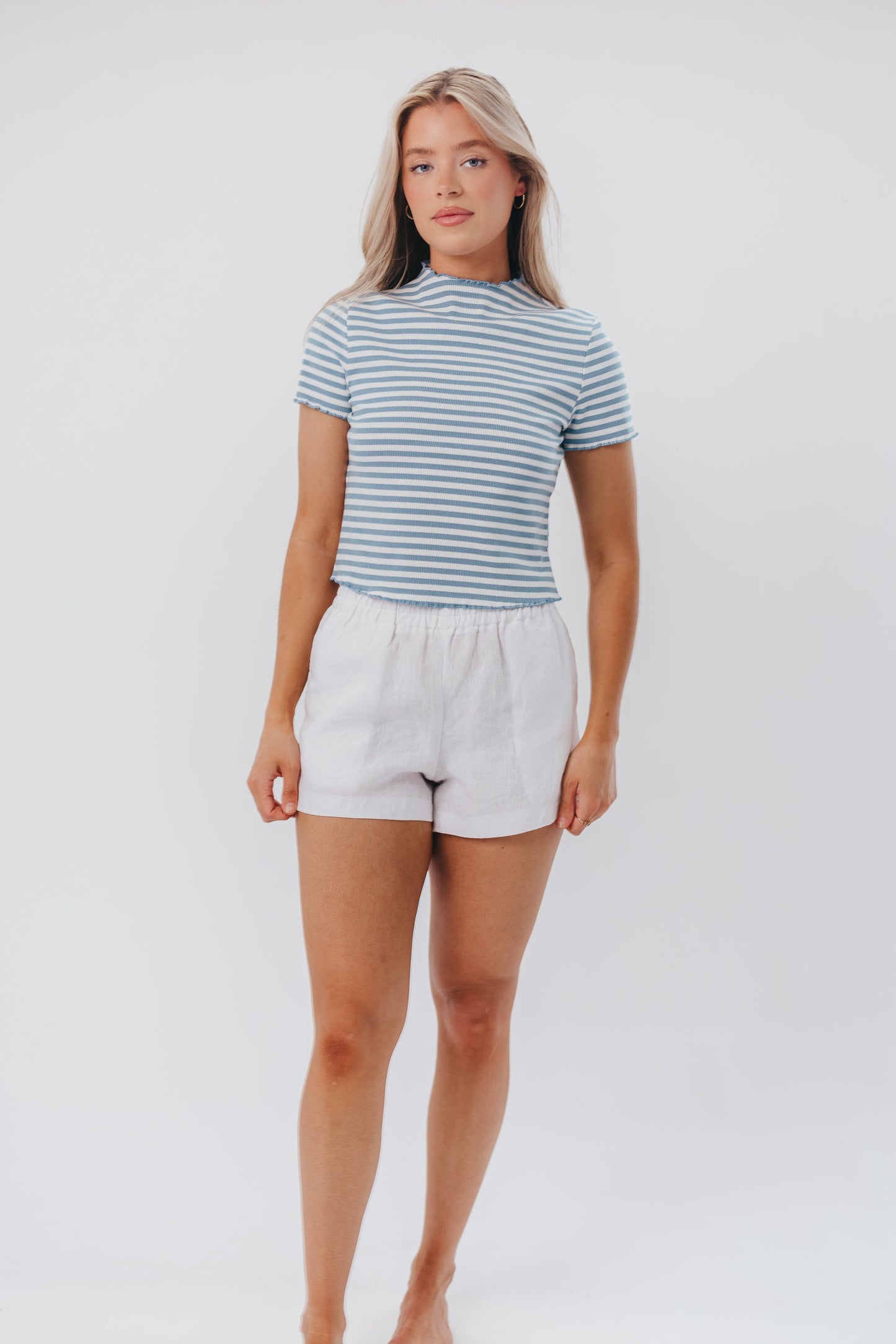 Ellery Striped Crop Top with Ruffle Hem in Blue