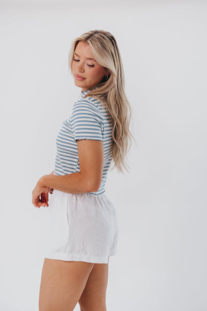 Ellery Striped Crop Top with Ruffle Hem in Blue