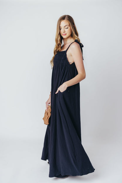 Almeria Smocked Maxi Dress with Self-Tie Straps in Black - Bump Friendly