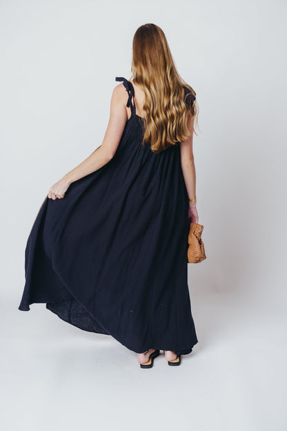 Almeria Smocked Maxi Dress with Self-Tie Straps in Black - Bump Friendly