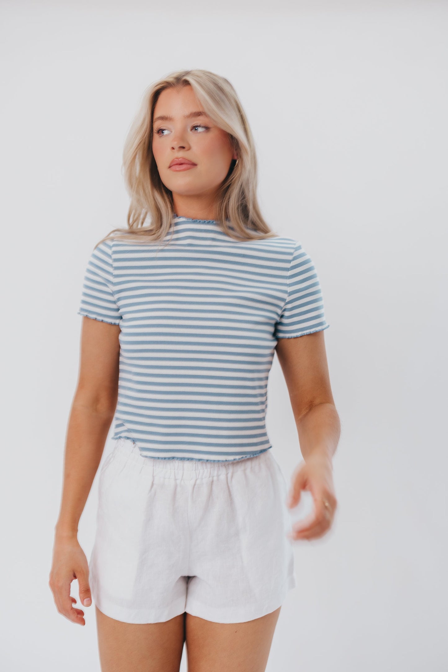 Ellery Striped Crop Top with Ruffle Hem in Blue