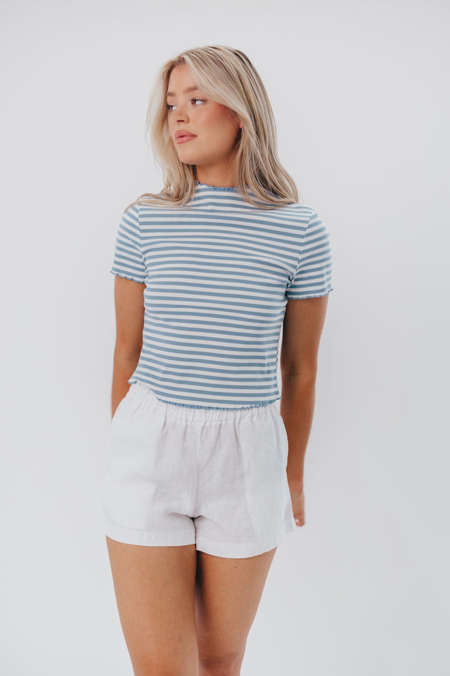 Ellery Striped Crop Top with Ruffle Hem in Blue