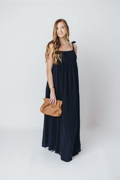 Almeria Smocked Maxi Dress with Self-Tie Straps in Black - Bump Friendly