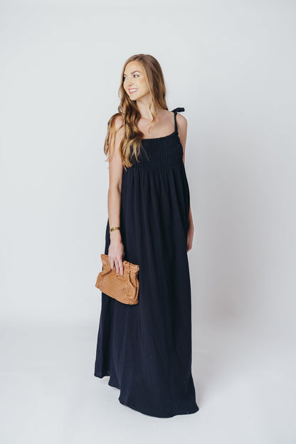 Almeria Smocked Maxi Dress with Self-Tie Straps in Black - Bump Friendly