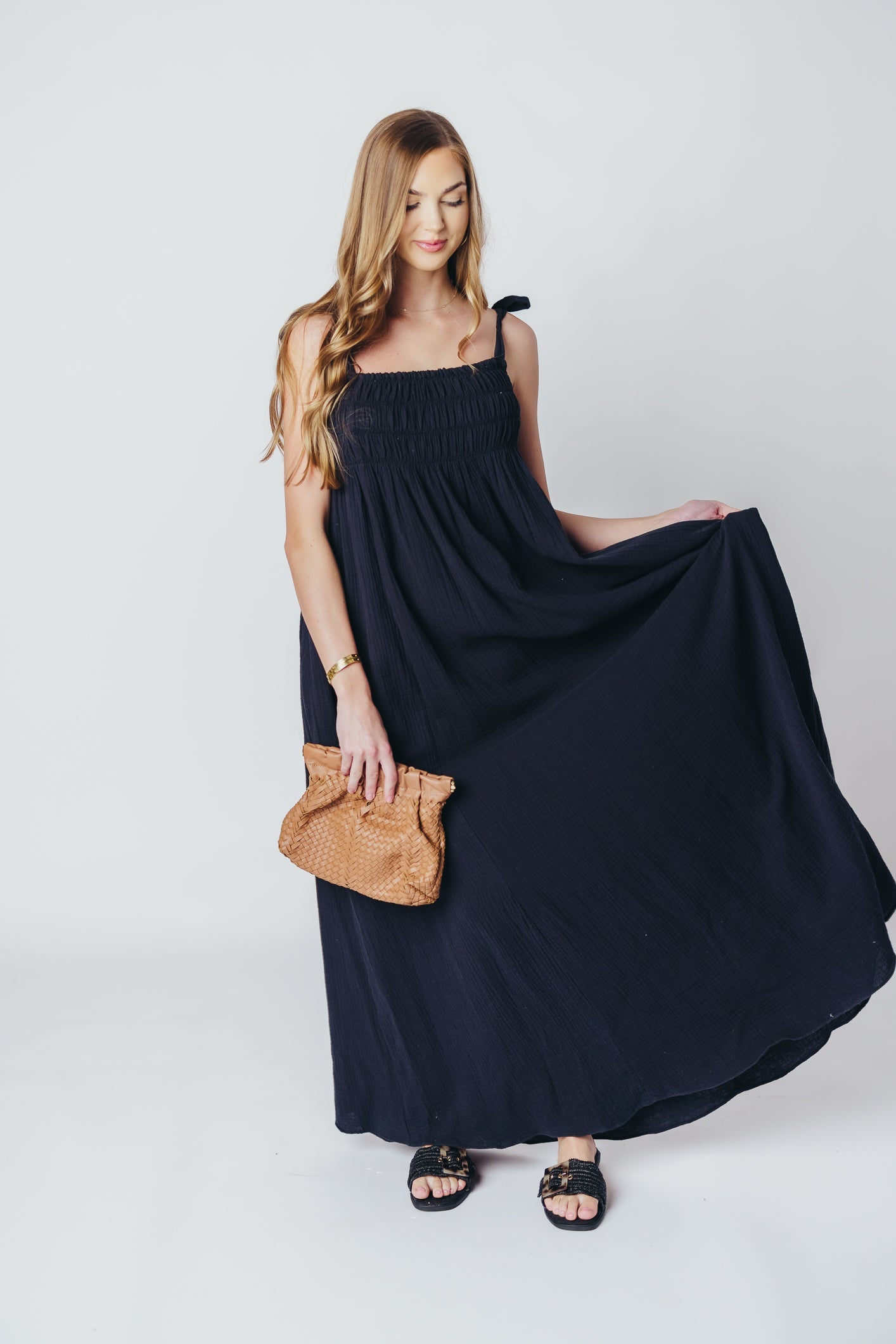 Almeria Smocked Maxi Dress with Self-Tie Straps in Black - Bump Friendly