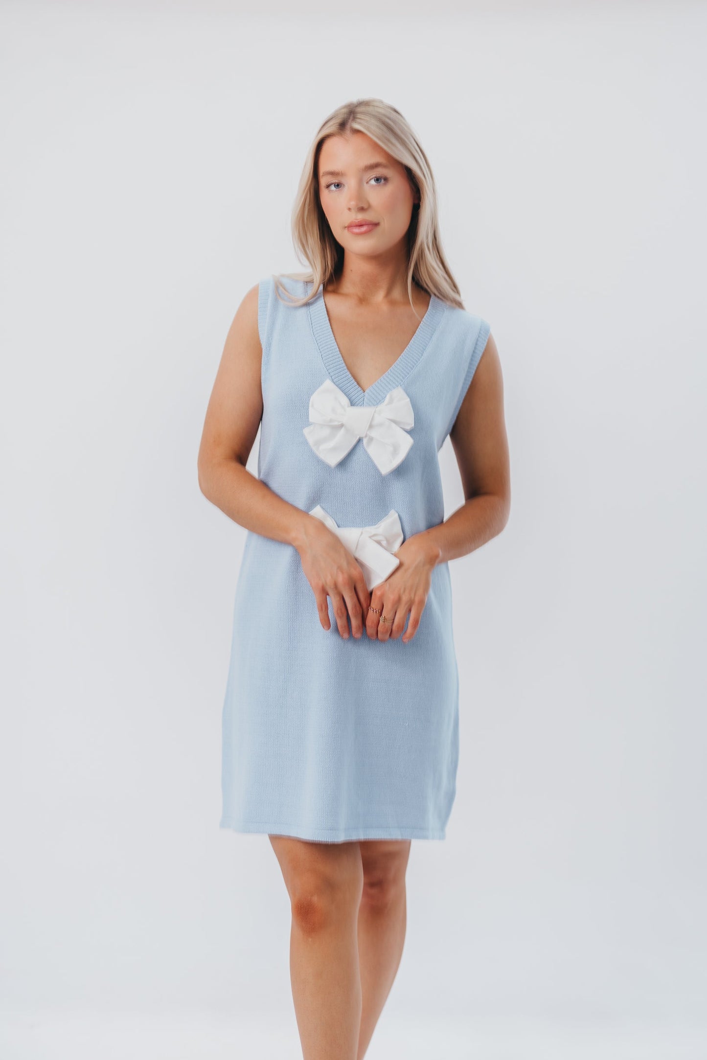 Wendy Sleeveless Sweater Mini Dress with Front Bow Detail in Sky/White