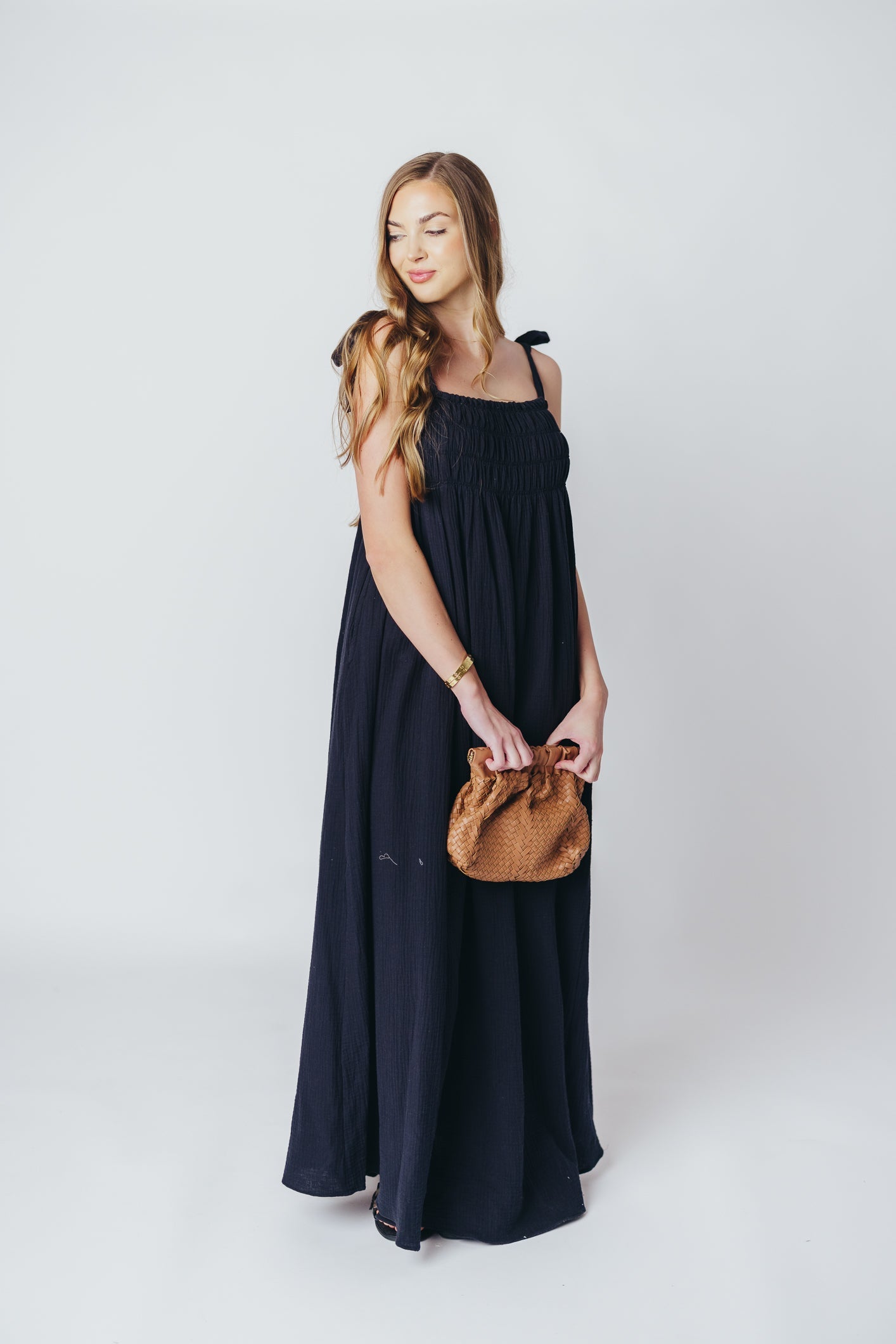 Almeria Smocked Maxi Dress with Self-Tie Straps in Black - Bump Friendly