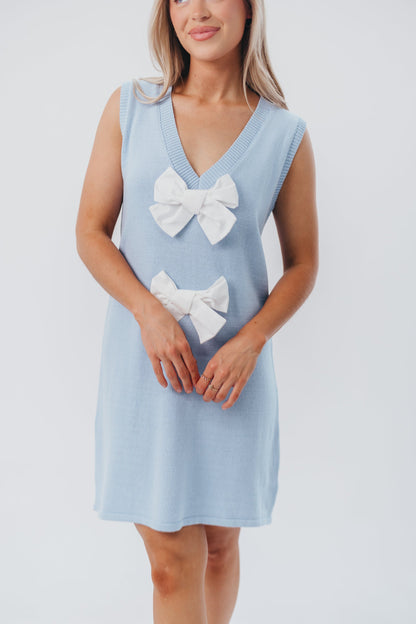 Wendy Sleeveless Sweater Mini Dress with Front Bow Detail in Sky/White