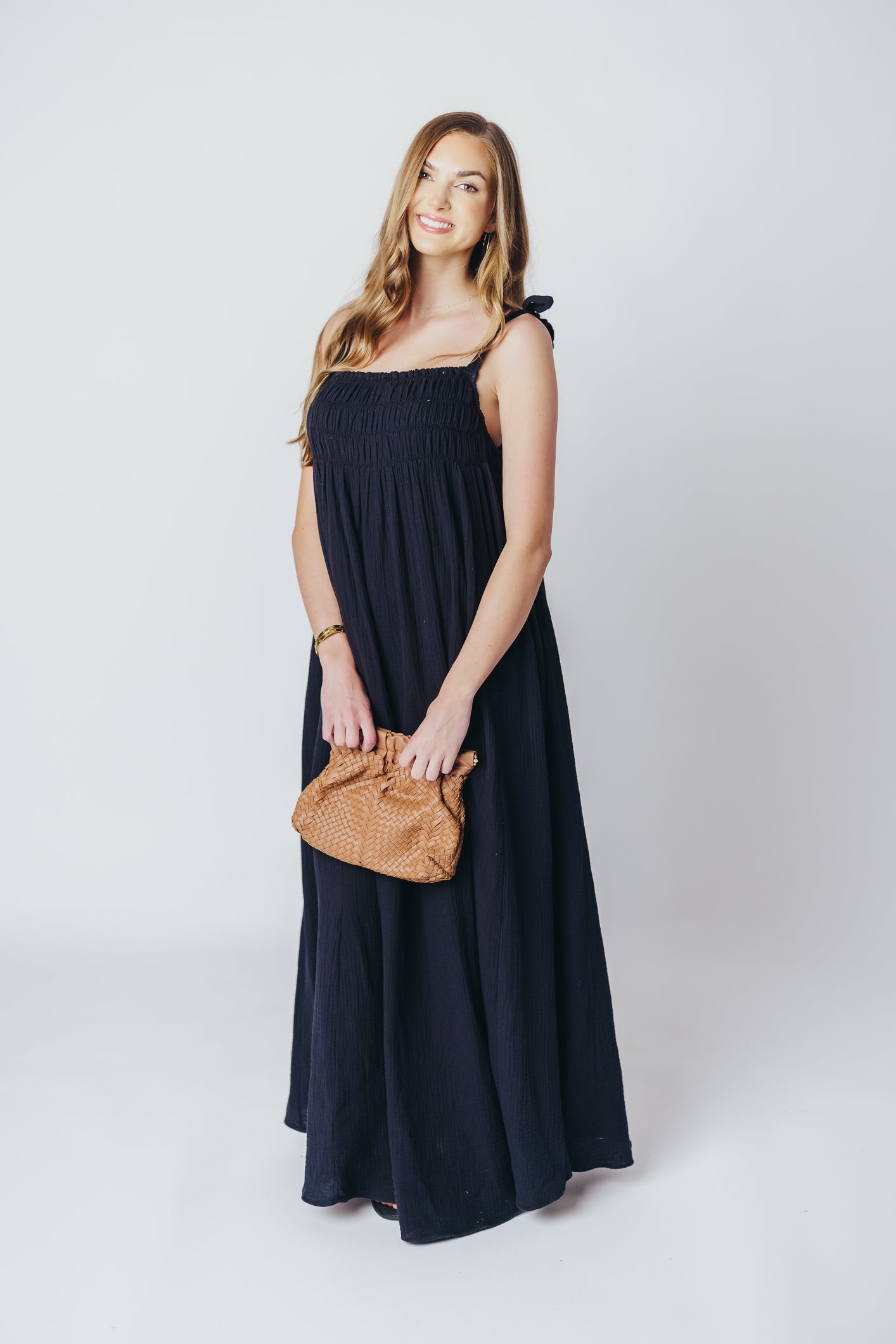 Almeria Smocked Maxi Dress with Self-Tie Straps in Black - Bump Friendly