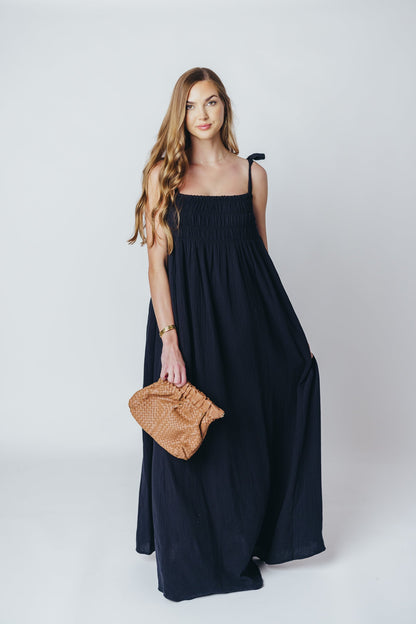 Almeria Smocked Maxi Dress with Self-Tie Straps in Black - Bump Friendly