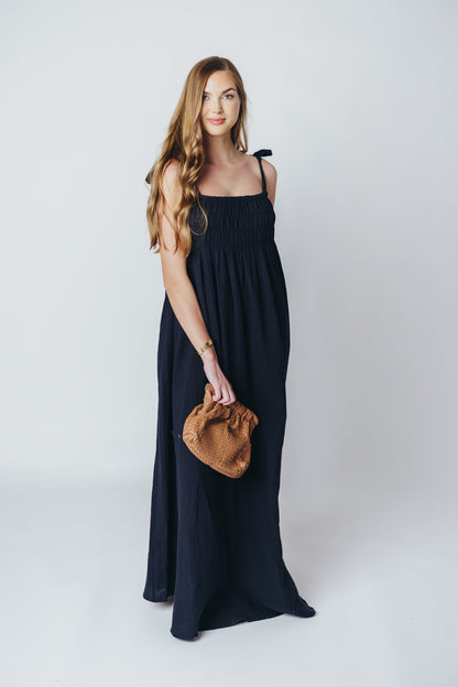 Almeria Smocked Maxi Dress with Self-Tie Straps in Black - Bump Friendly