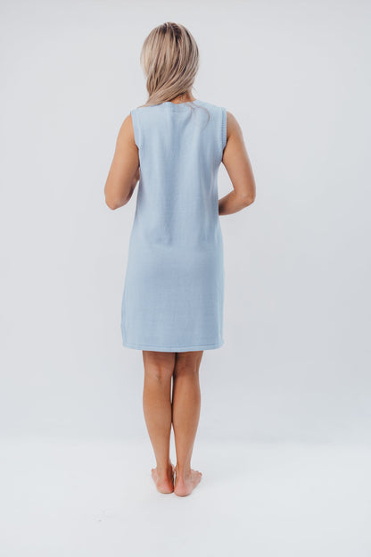 Wendy Sleeveless Sweater Mini Dress with Front Bow Detail in Sky/White