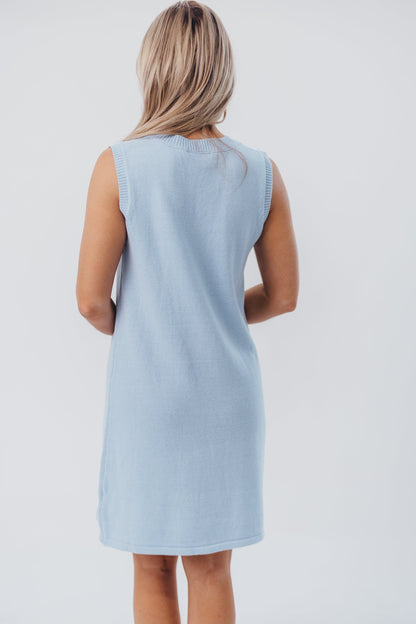 Wendy Sleeveless Sweater Mini Dress with Front Bow Detail in Sky/White