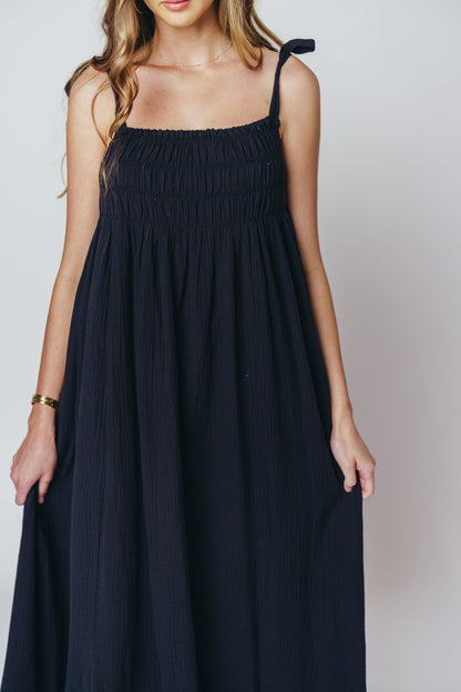 Almeria Smocked Maxi Dress with Self-Tie Straps in Black - Bump Friendly