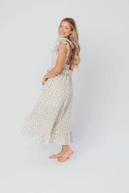 Christina Asymmetrical Ruffle Maxi Dress in Cream/Pink/Lavender