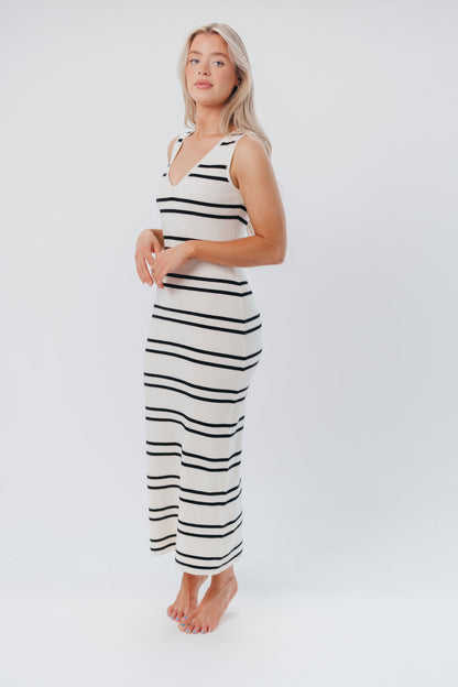 Chloe Sweater Knit Midi Dress in Ivory/Black Stripe