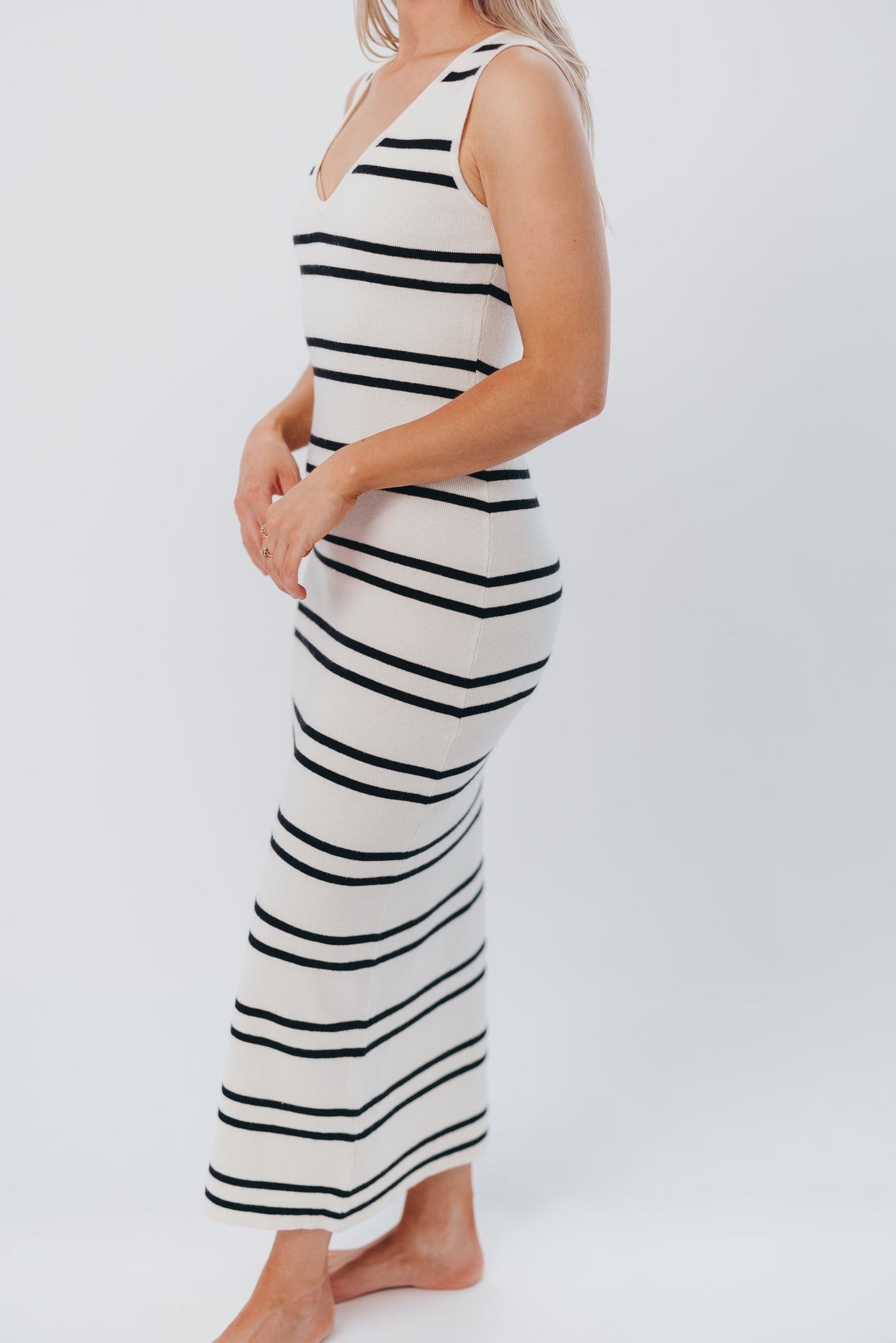 Chloe Sweater Knit Midi Dress in Ivory/Black Stripe