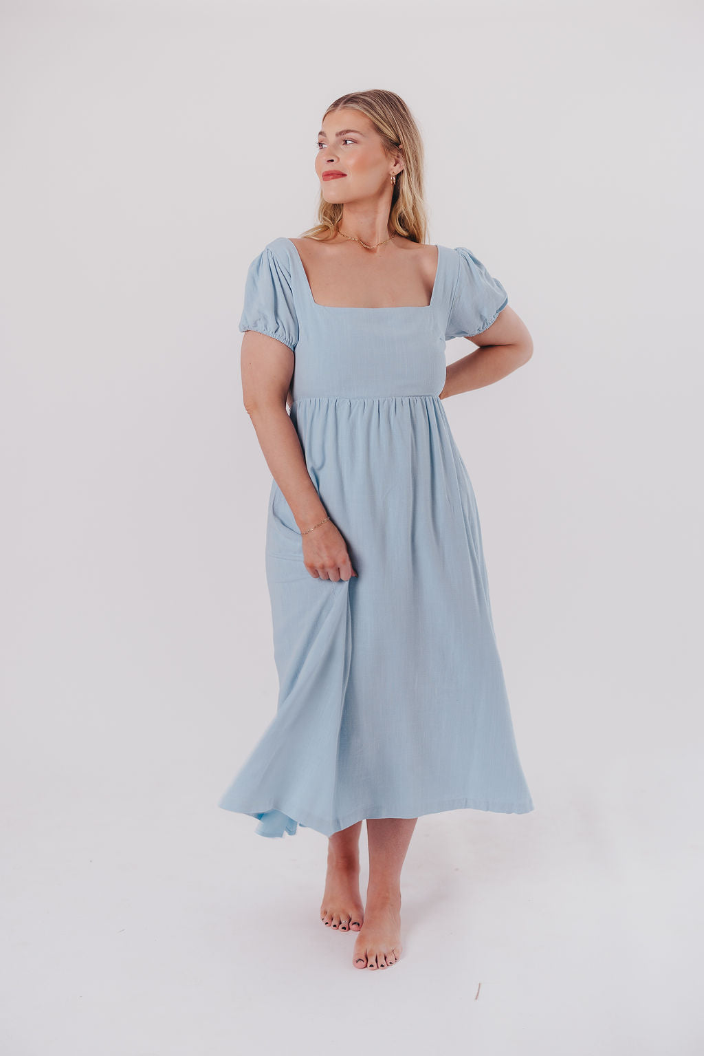 Ainsley Square Neck Midi Dress with Puffed Sleeves in Baby Blue - Bump Friendly & Inclusive Sizing (S-3XL)