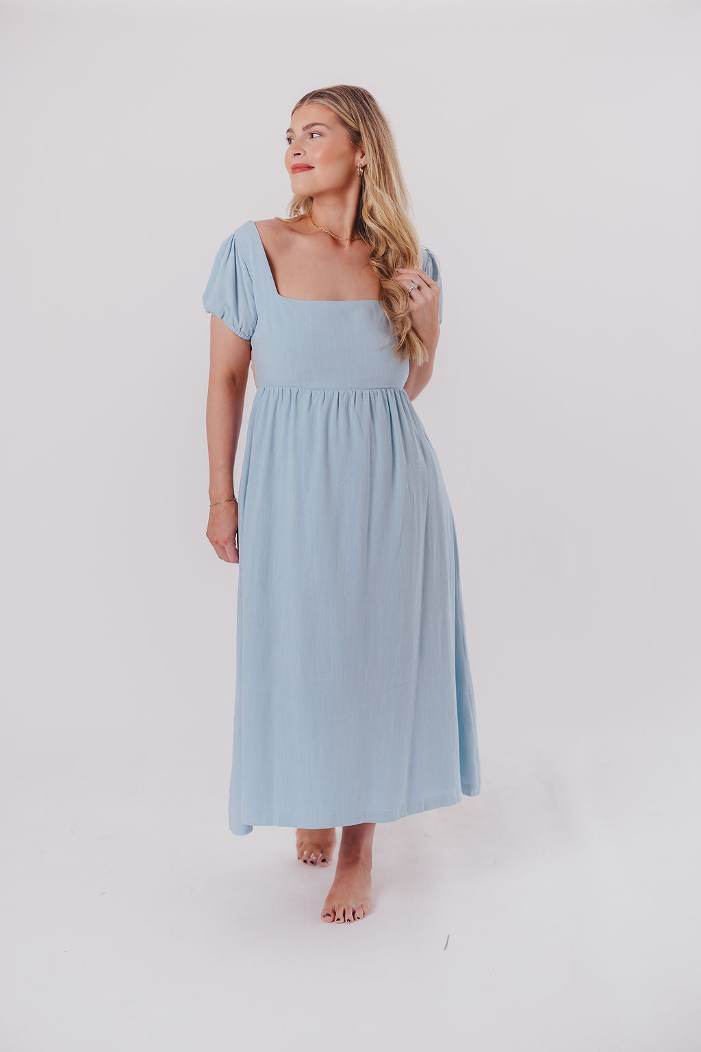 Ainsley Square Neck Midi Dress with Puffed Sleeves in Baby Blue - Bump Friendly & Inclusive Sizing (S-3XL)