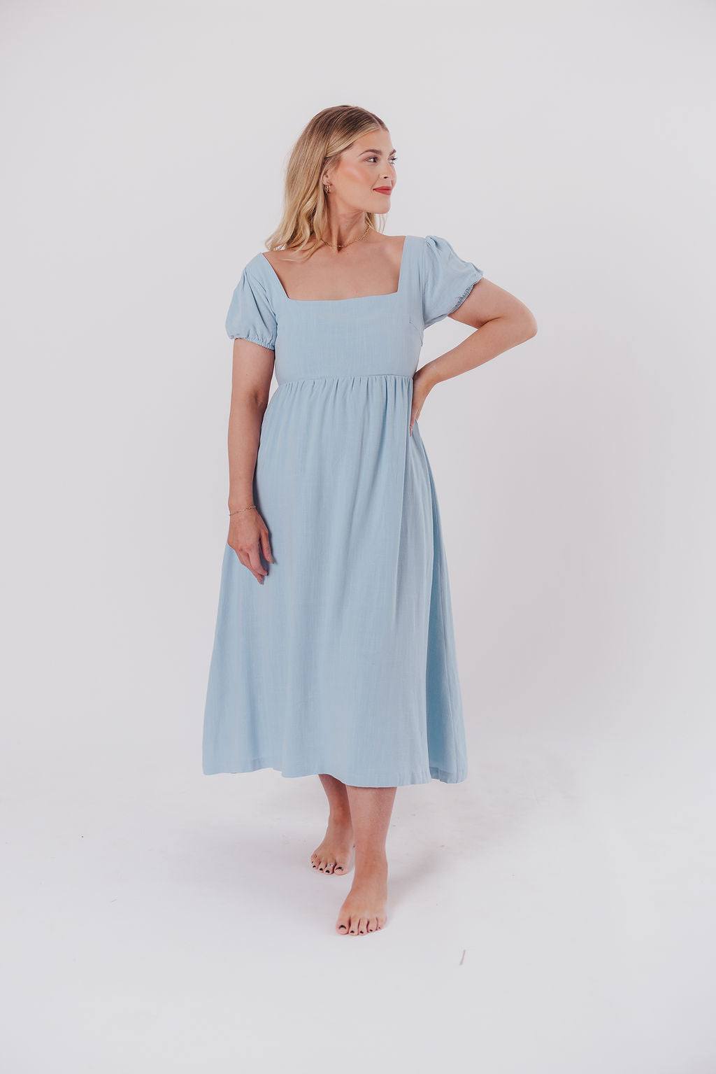 Ainsley Square Neck Midi Dress with Puffed Sleeves in Baby Blue - Bump Friendly & Inclusive Sizing (S-3XL)