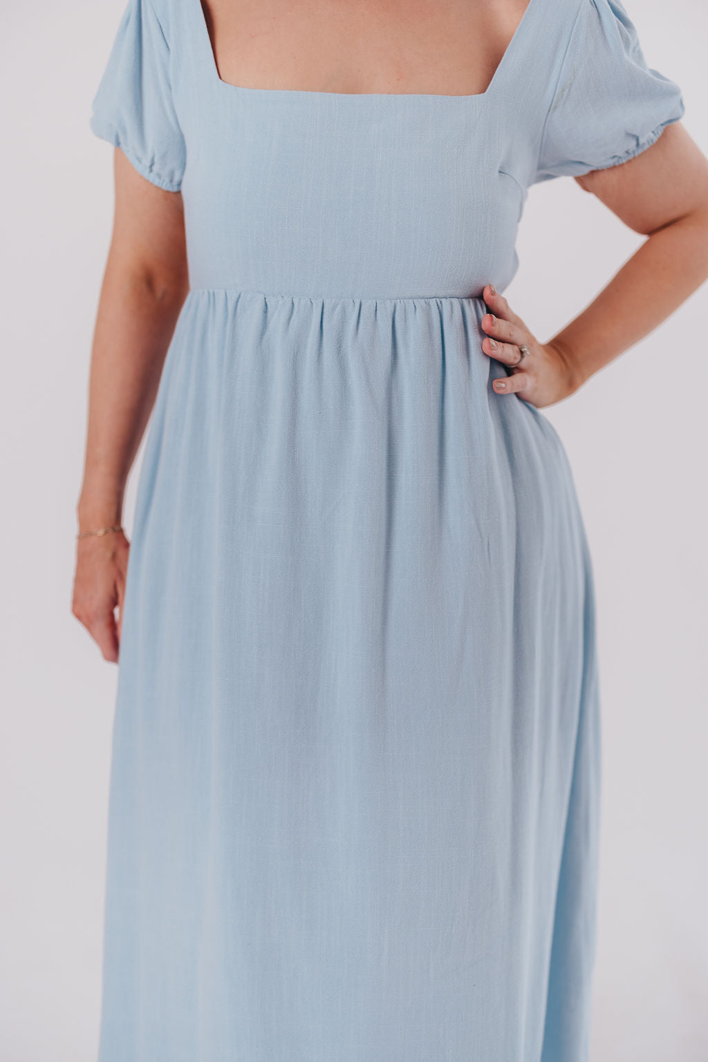 Ainsley Square Neck Midi Dress with Puffed Sleeves in Baby Blue - Bump Friendly & Inclusive Sizing (S-3XL)