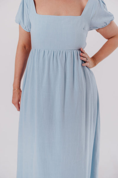 Ainsley Square Neck Midi Dress with Puffed Sleeves in Baby Blue - Bump Friendly & Inclusive Sizing (S-3XL)